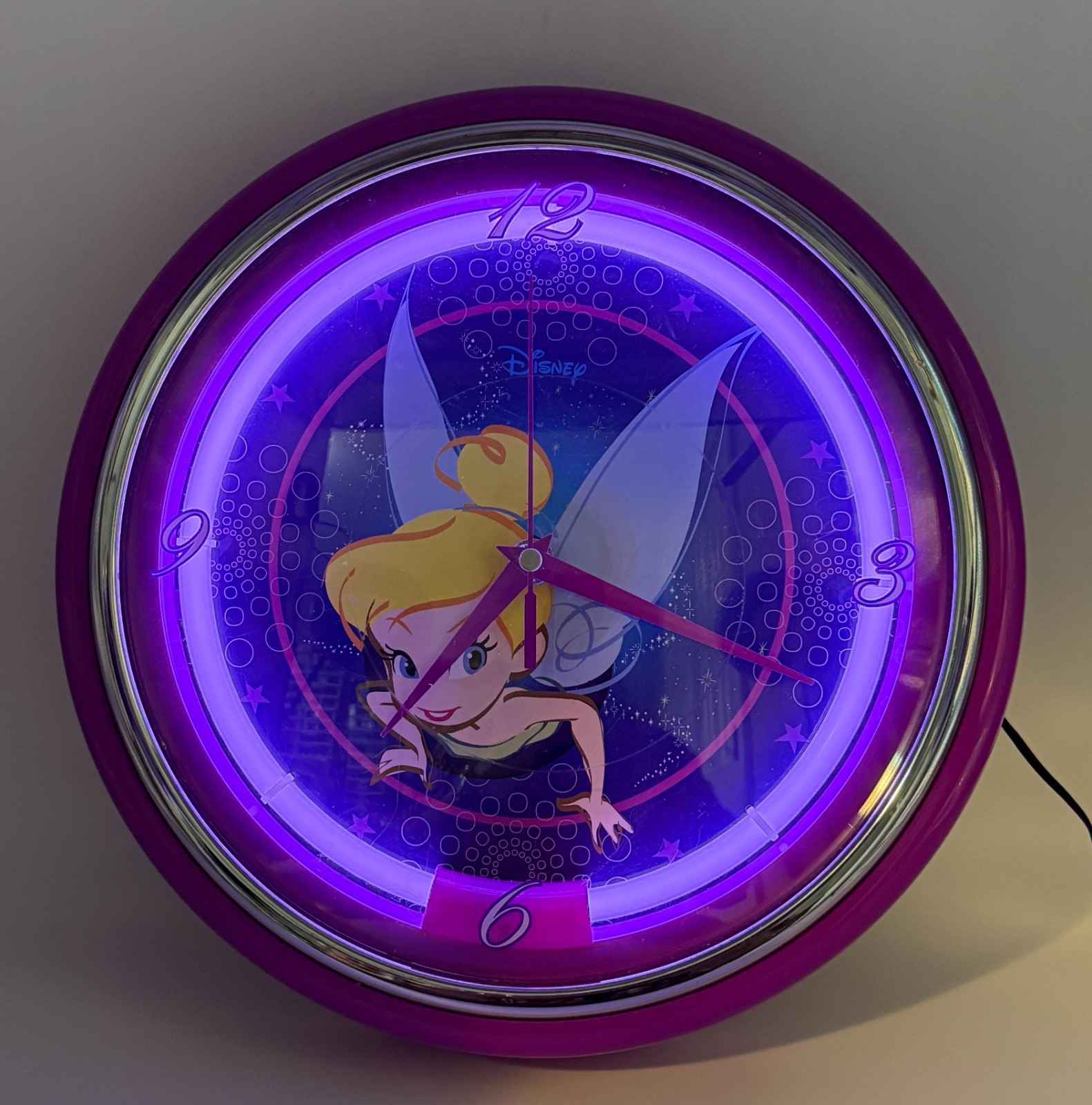 New In Box Vintage Disney Tinkerbell Tink Purple Neon Wall Clock 12 inches Rare