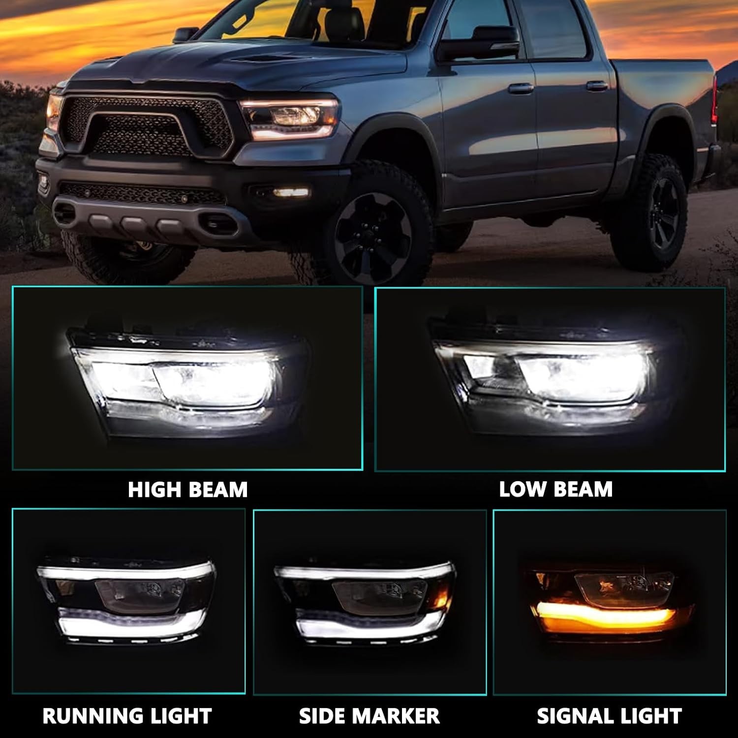 LED Headlight Assembly Fit for 2019-2024 Dodge Ram 1500, Factory Type Direct Rep