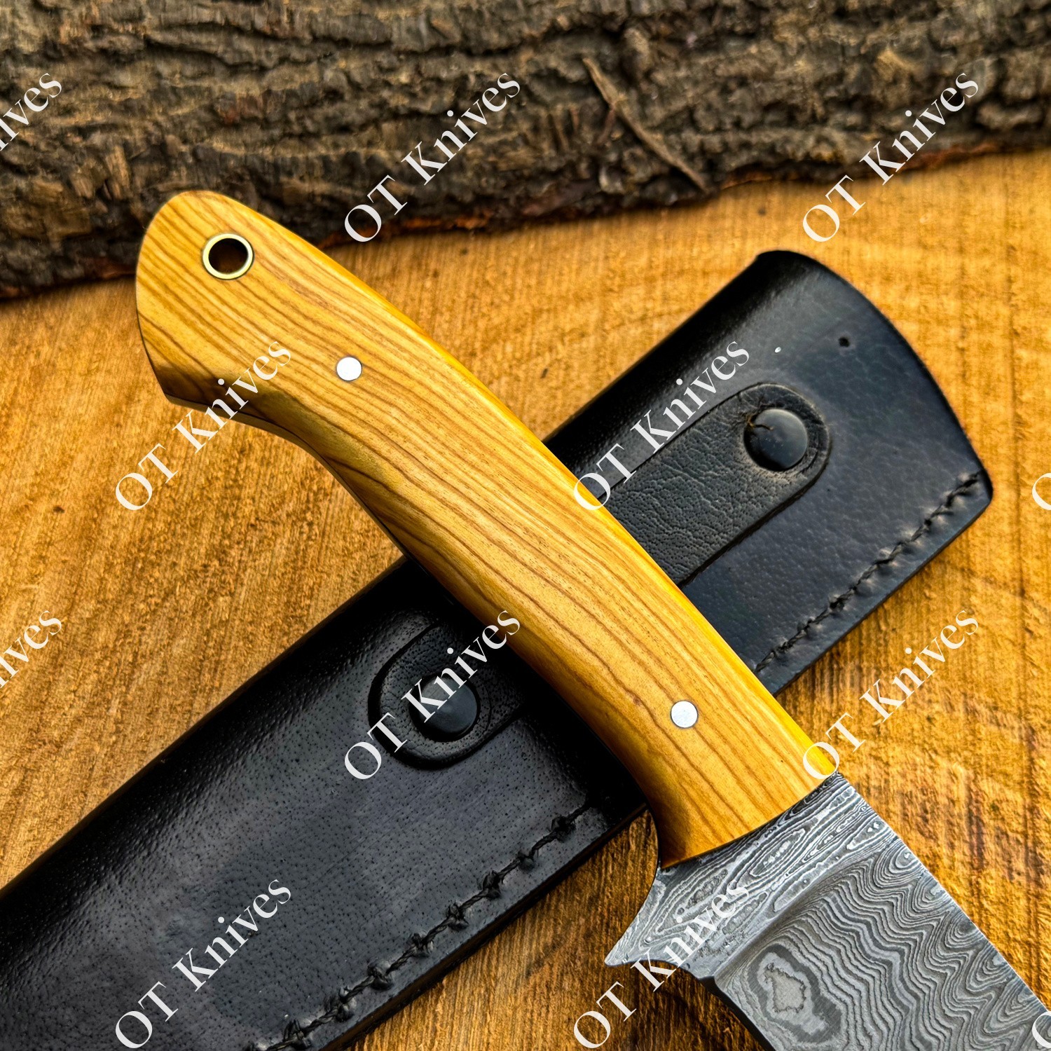 10″ Fixed Blade Damascus Steel Hunting Knife Olive Wood Ergonomic Handle Sheath