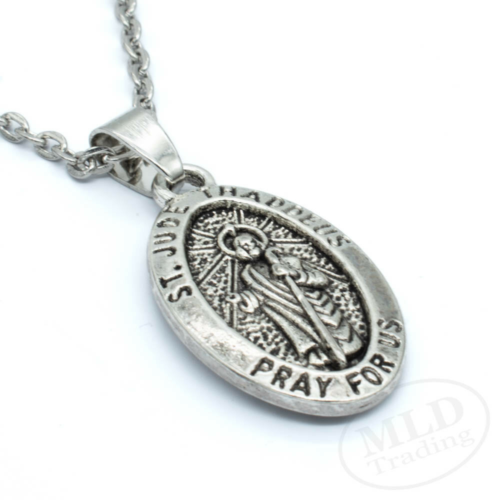 Saint St Jude Thaddeus Pray For Us Oval Silver Medal Pendant Necklace 18″ Chain