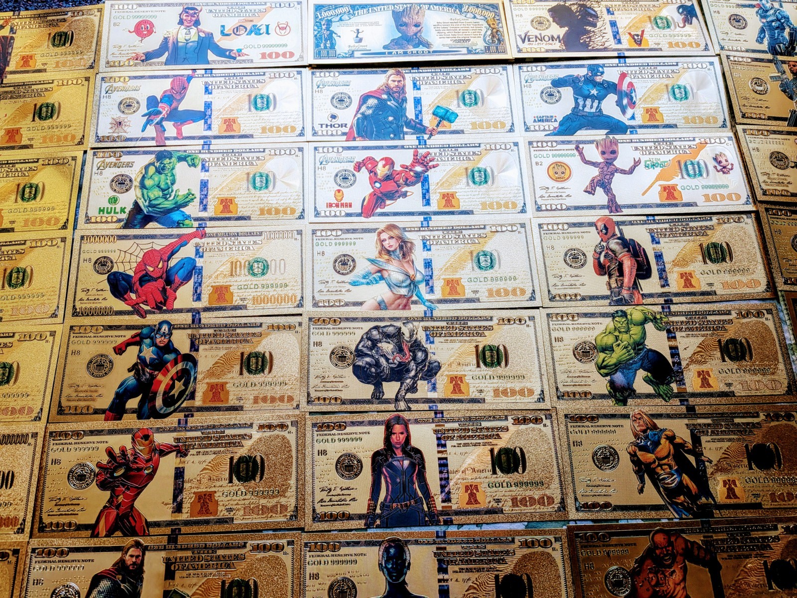 Ultra Rare 64 pc *COMPLETE* 24k Gold Foil Plated Marvel Super Hero Banknote Set