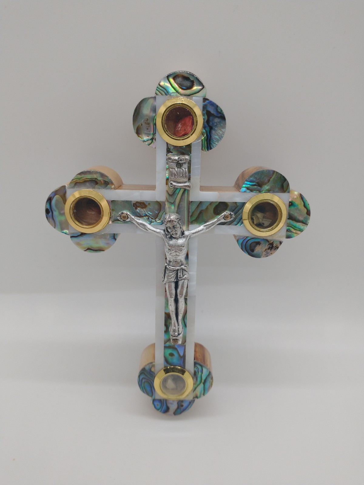 5.5″ Wall Crucifix, Olive Wood with Mother of Pearl from Holy Land