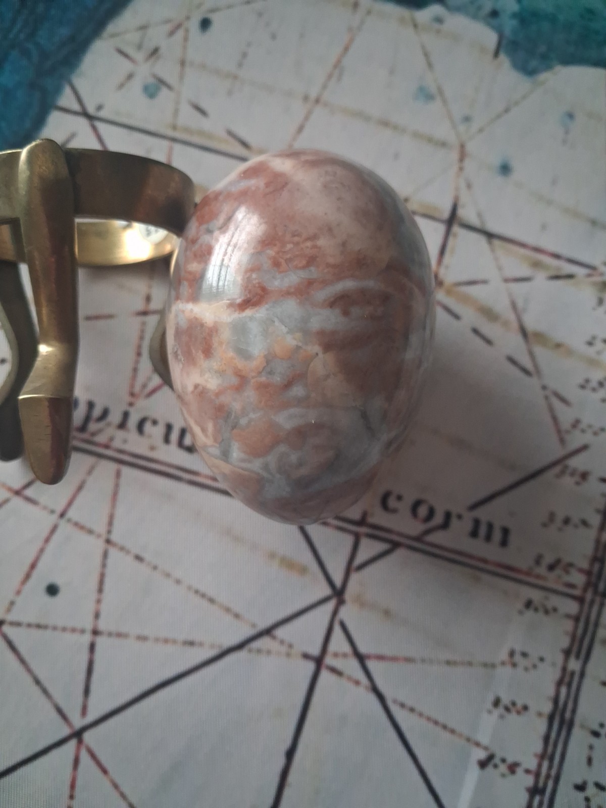 Vintage Brown, Gray, & White Marbled Egg With Brass Stand Stunning