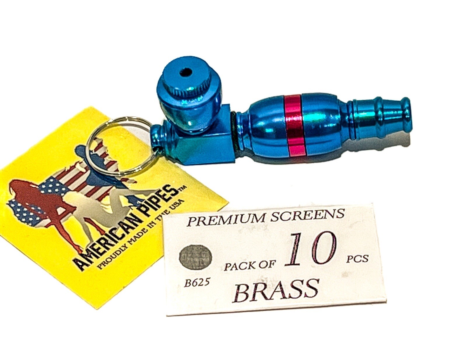 AMERICANPIPES(tm) HIGH QUALITY KEY CHAIN METAL SMOKING PIPE With 10 SCREENS