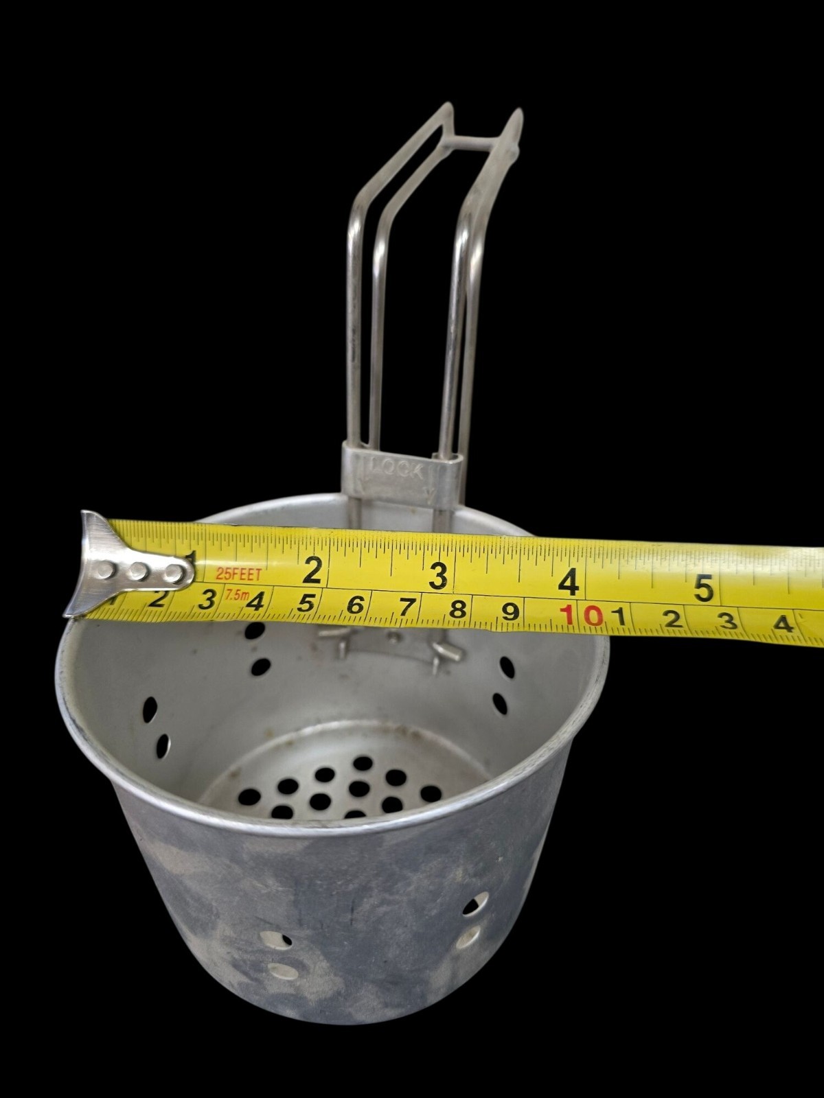 Vintage Aluminum Fryer Strainer Basket with Handle & Locking Mechanism
