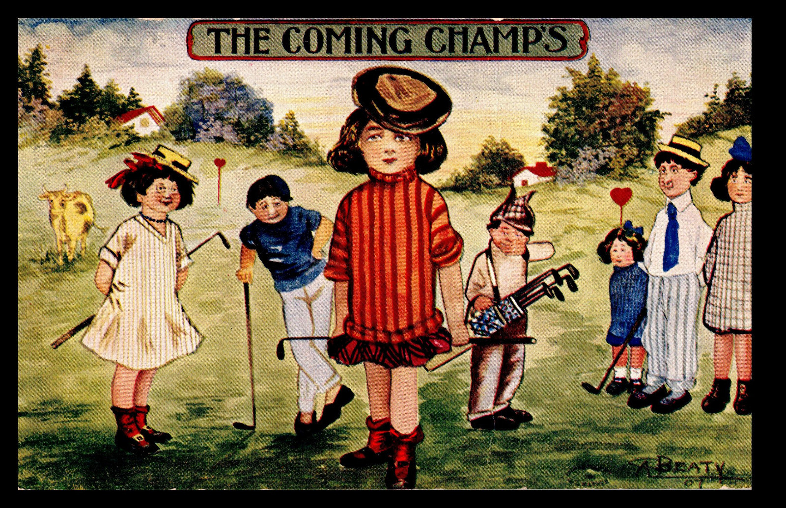 [D12] Postcard 1909, The Coming Champs signed A Beaty, Golf