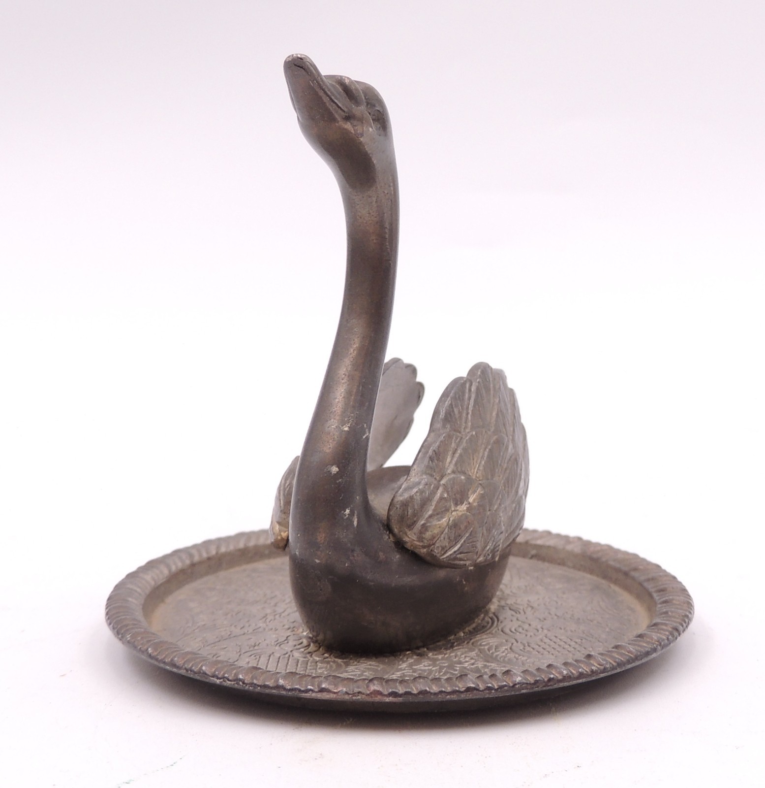 Vintage SWAN RING HOLDER EP Zinc Alloy Silver Metal Patinaed Vanity Decor MCM