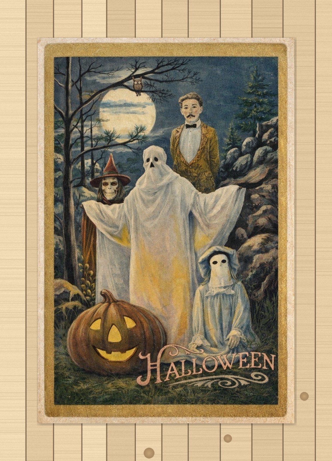 Halloween Ghosts Moonlit Art Postcard Spooky Night Scene Collectible