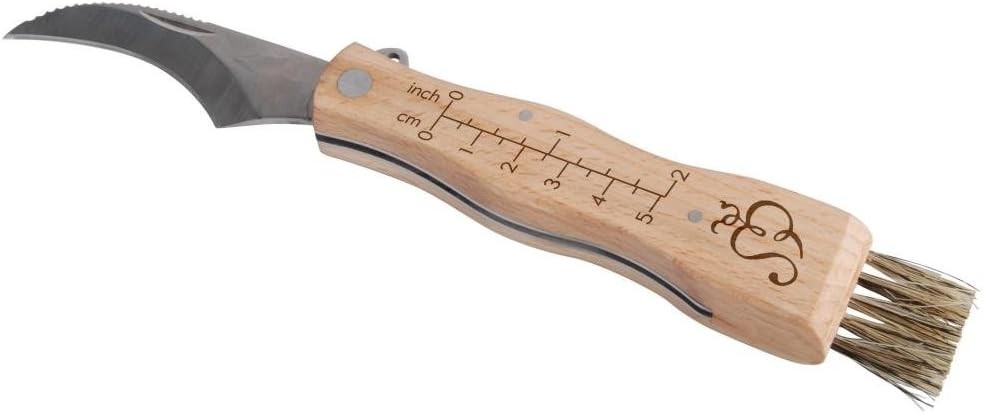 Compact Wood and Stainless Steel Mushroom Knife with Brush for Easy Clean-up