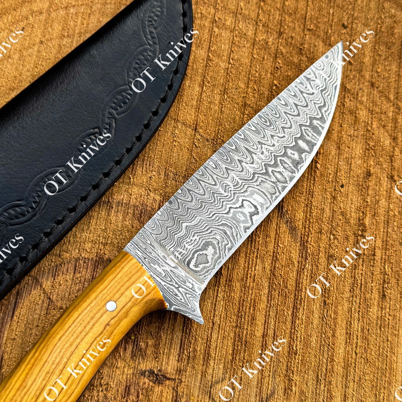 10″ Fixed Blade Damascus Steel Hunting Knife Olive Wood Ergonomic Handle Sheath