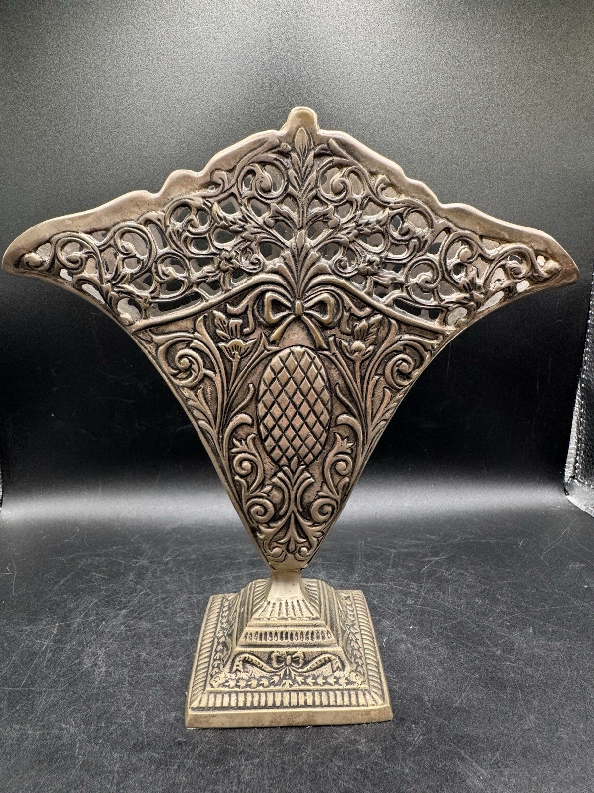 Vtg Silver tone Metal Ornate Fluted Fan Vase Art Nouveau Victorian