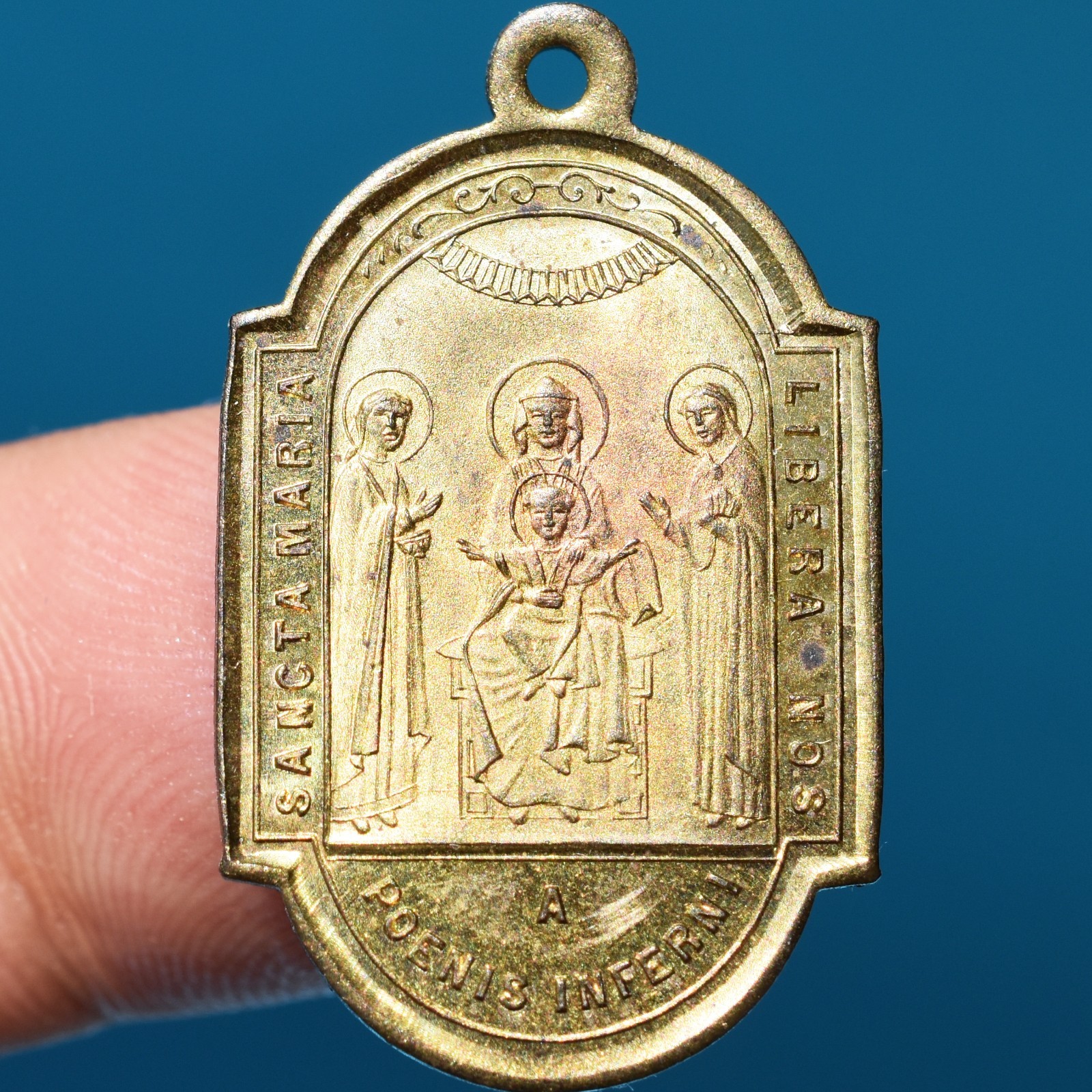 LARGE 1800s COLUMN OF FLAGELLATION RELIGIOUS MEDAL ANTIQUE HOLY FAMILY MEDALLION