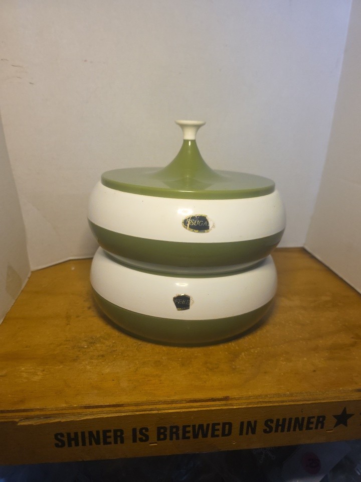 Vintage Mid Century Modern Stacking Canisters Avocado Green & White With Lid