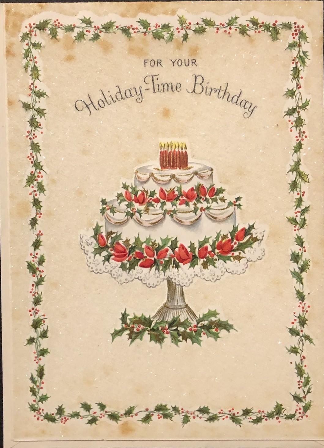 Vtg Birthday/Christmas Greeting Card Pretty White Cake Red Candles Holly Berries