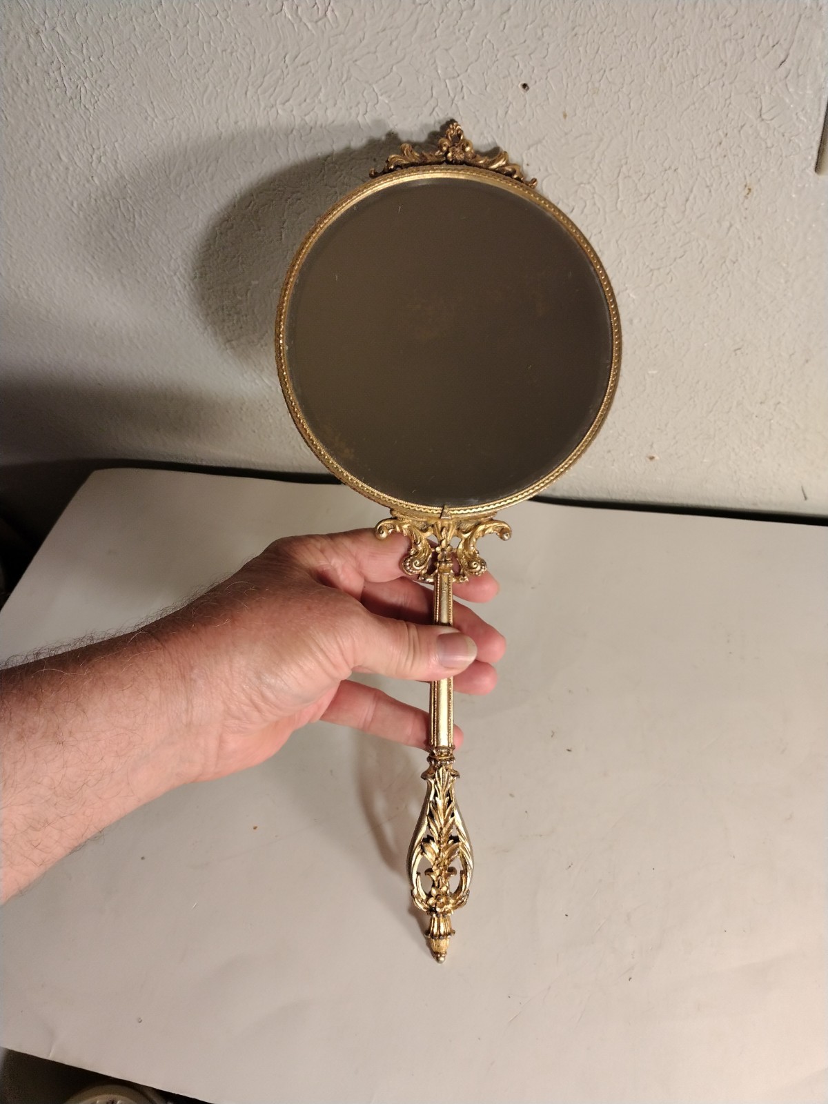 Vintage Vanity Mirror Ornate French Gold Tone Metal Double Sided Handheld