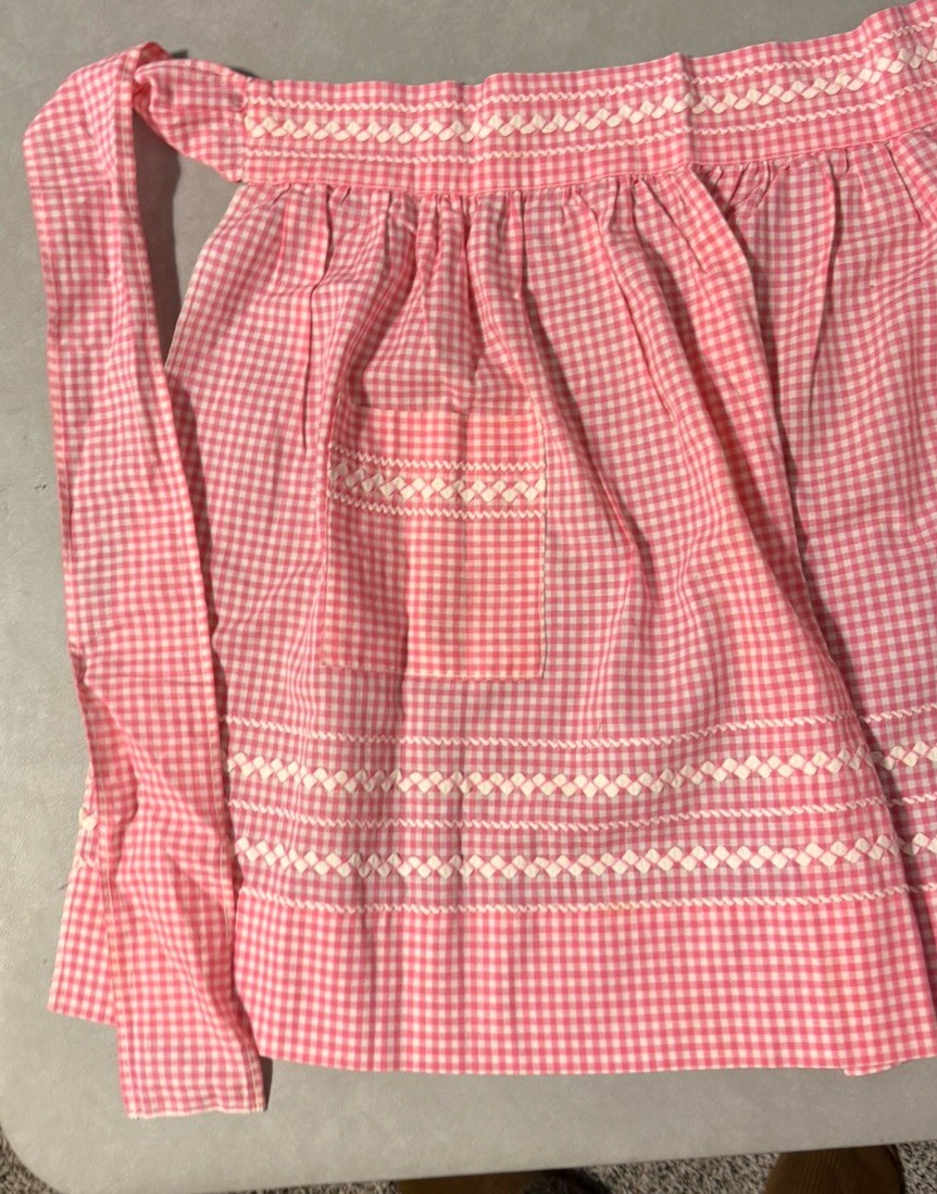 Vintage Half Apron – Pink Gingham with Cross Stitching – Homemade- 1950’s