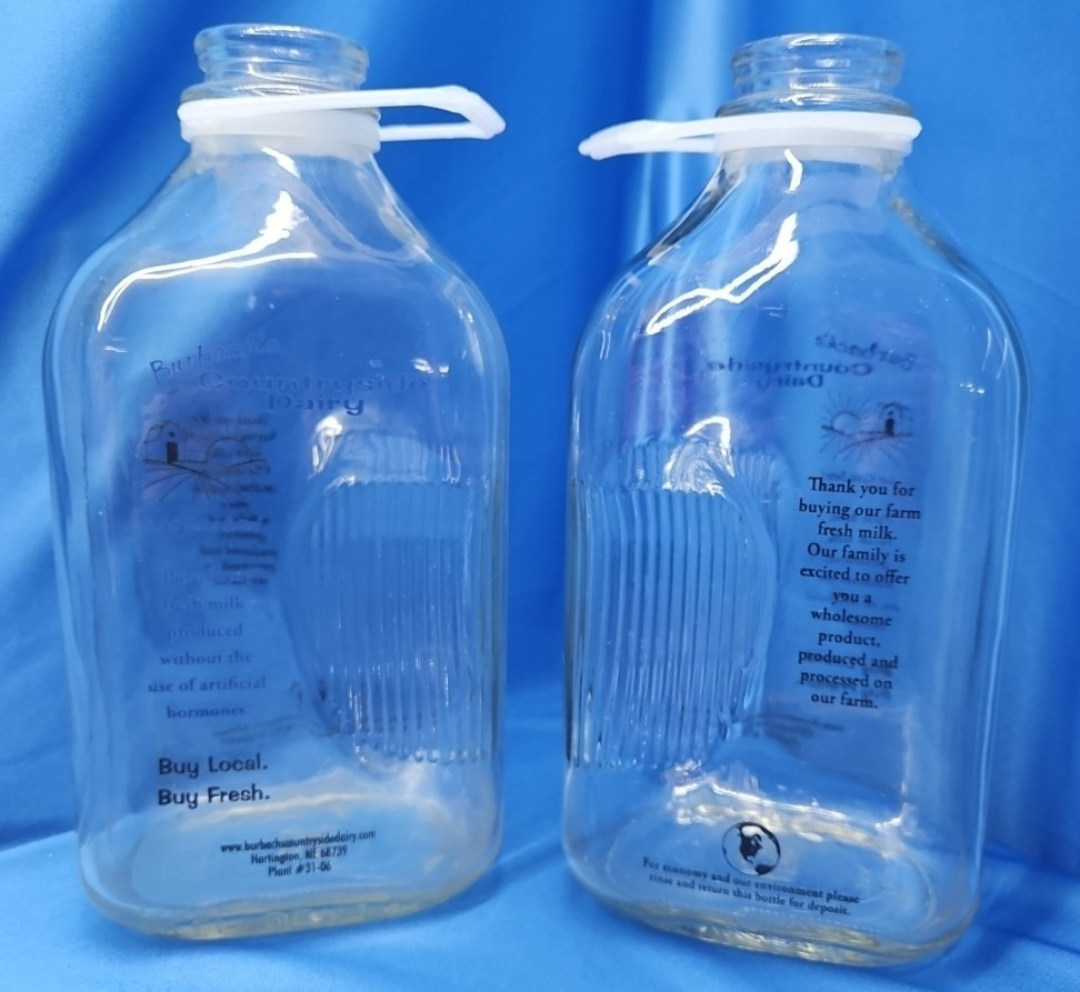2 Burbach’s Countryside Dairy Glass Milk Bottles Plastic Handles 64 Fluid Ounces