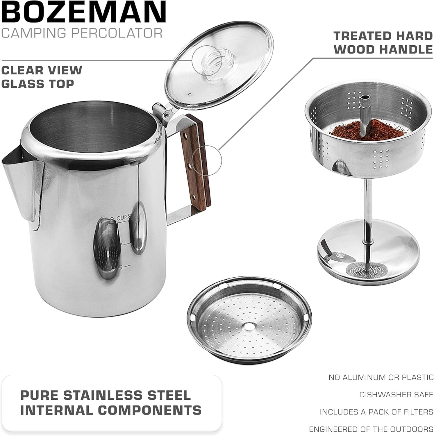 Stainless Steel Percolator Coffee Pot | 9 Cup Manual Brew – No Plastic, No Al…