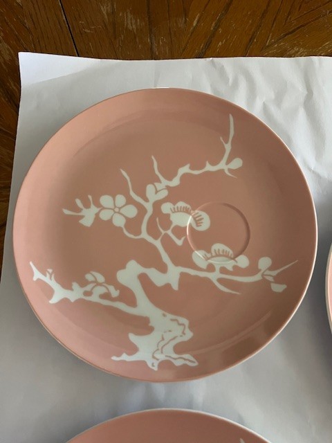 Fitz & Floyd Snack Plates and Cups, Set of 4 each, Peach & White Floral Tree