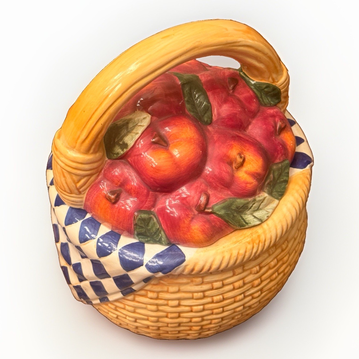 Vintage Ceramic Woven Apple Picnic Basket with Lid Kitchen Decor Farmhouse