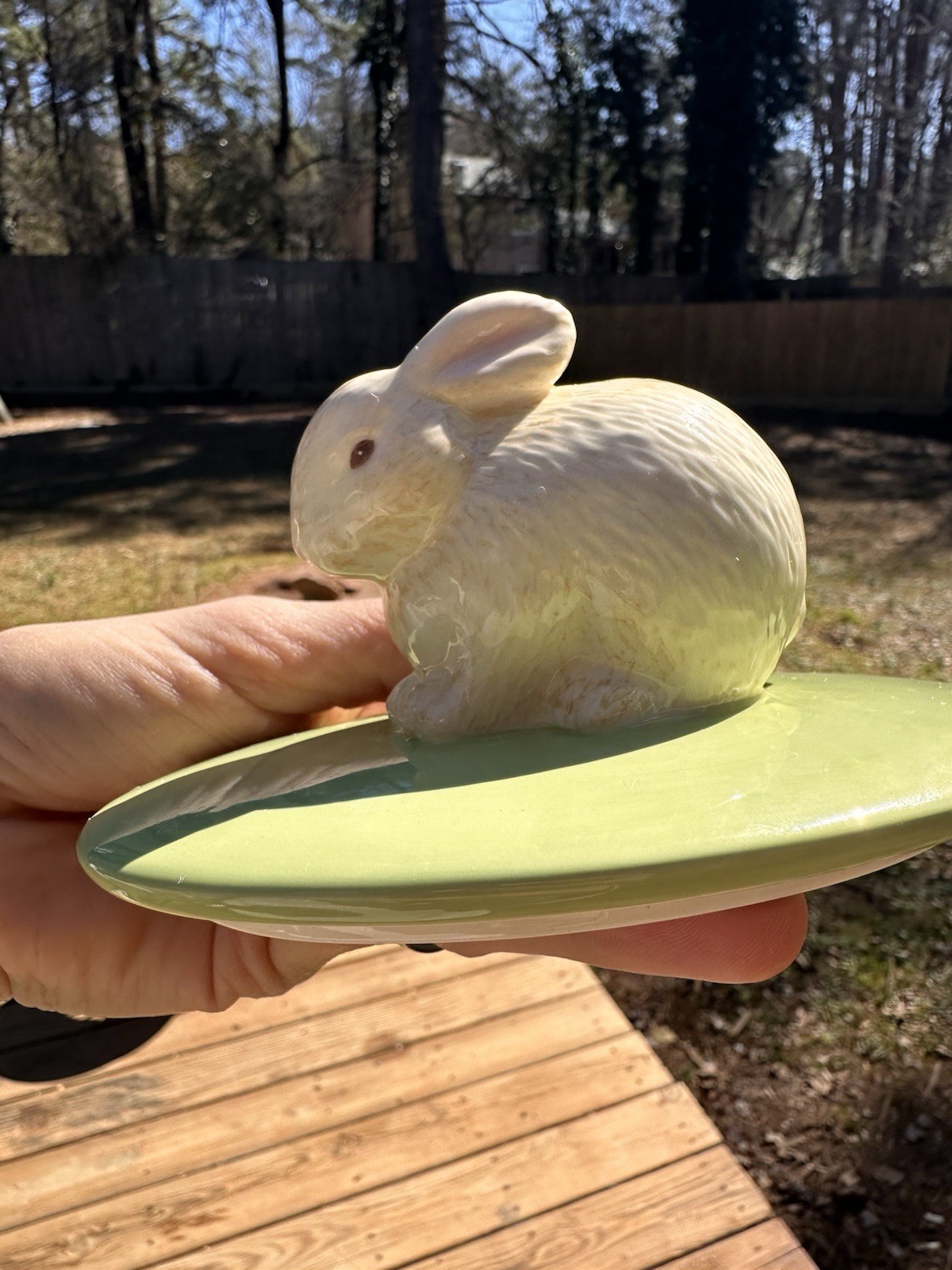 Ceramic Bunny Covered Dish Green Rabbit Lid Candy Trinket Bowl Easter Decor